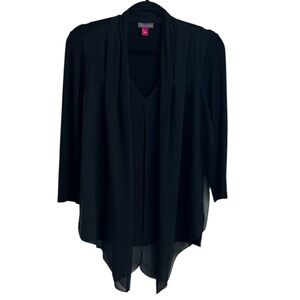 Vince Camuto V neck Black Blouse with sheer front drape overlay